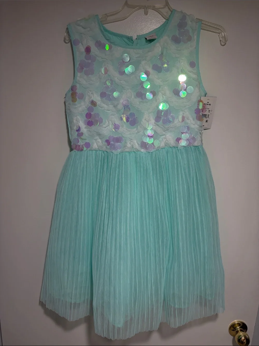 NWT- Disney new Girls' Light Aqua Sequin Bodice Party Dress Aqua color.